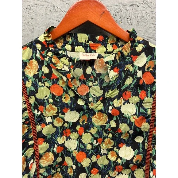 Hailey & Co Blouse Women's Large Black Orange Green Floral Ruffle V Neck Boho - Picture 2 of 11